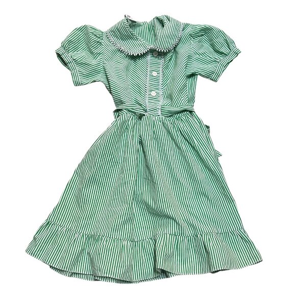 Vintage Green White Striped Dress • Peter Pan Collar Belted Puff Sleeve • Sz 5/6 - Picture 1 of 6